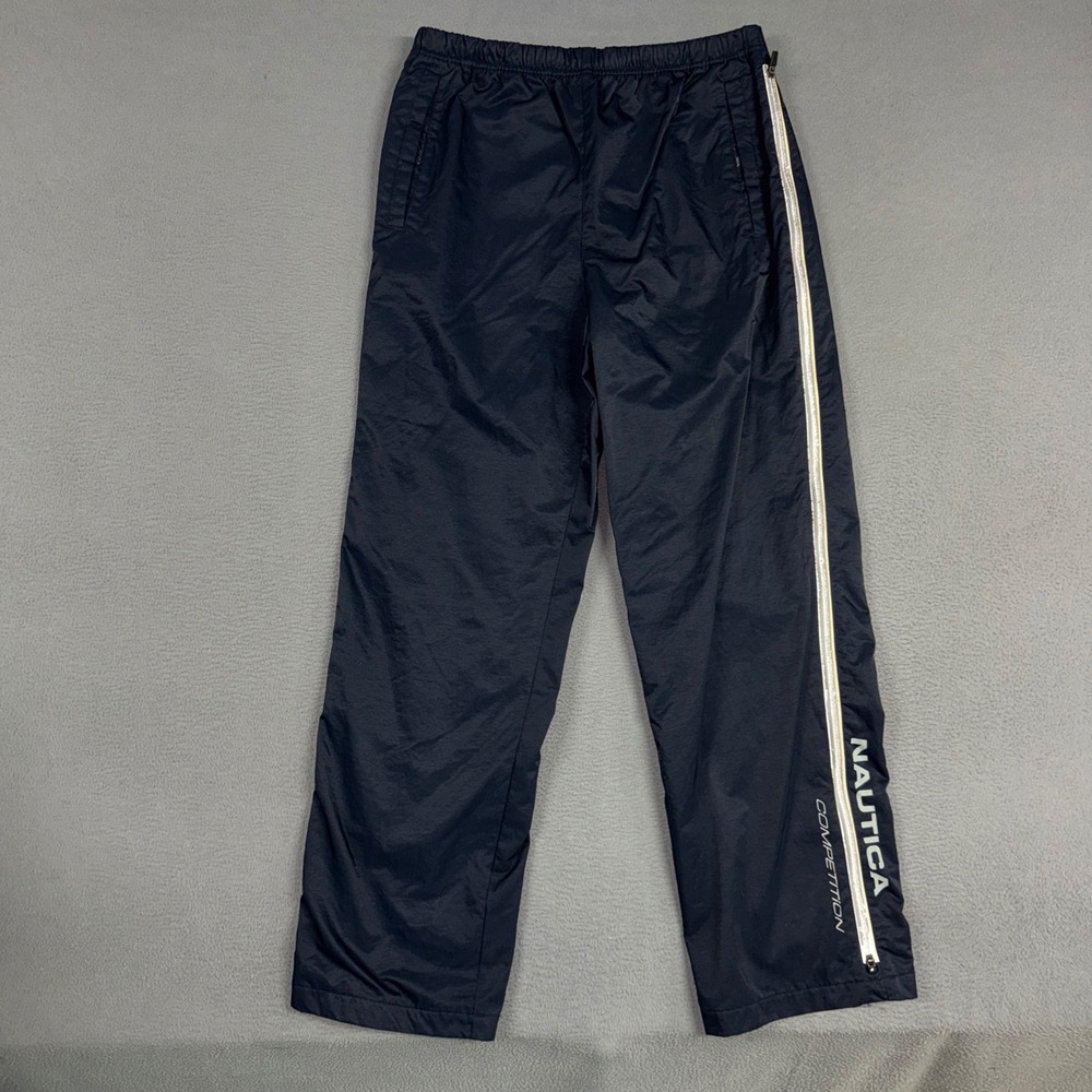 Nautica Competition Track Pants Mens Large Navy Blue Vintage Nylon Side Zip Logo